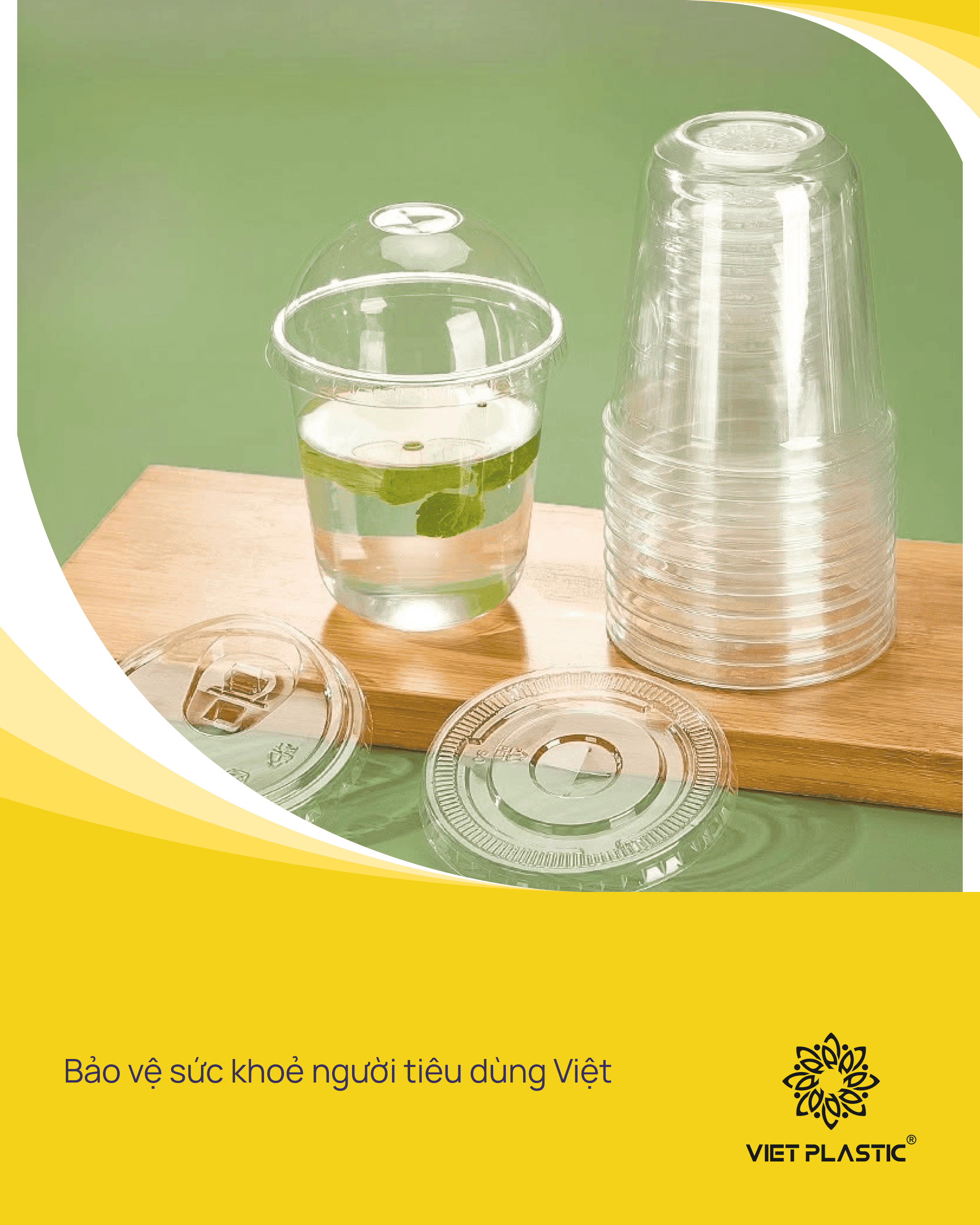Cốc nhựa PP trong suốt kèm nắp cầu và nắp bằng của VietPlastic dùng cho trà sữa, nước ép và đồ uống mang đi